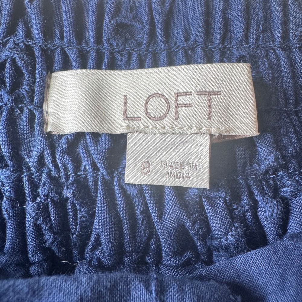Loft Womens Blue Cotton Eyelet Lace Button Front Midi Skirt Size 8 Scalloped Hem - Picture 8 of 10